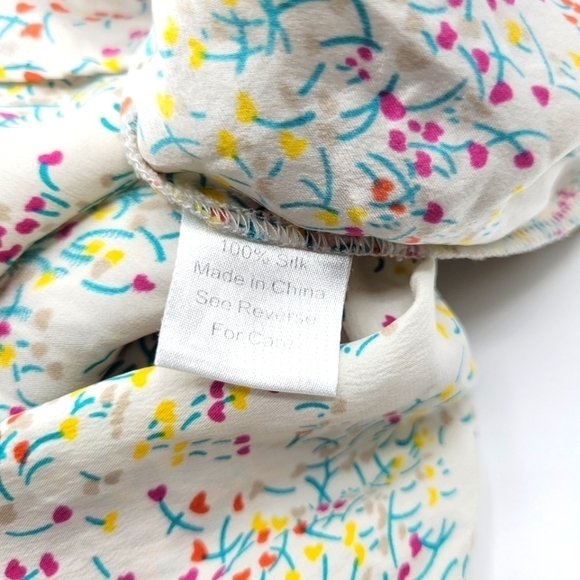 Parker Silk Cream Multicolored Floral Dress Smocked Waist Size L - Picture 9 of 14